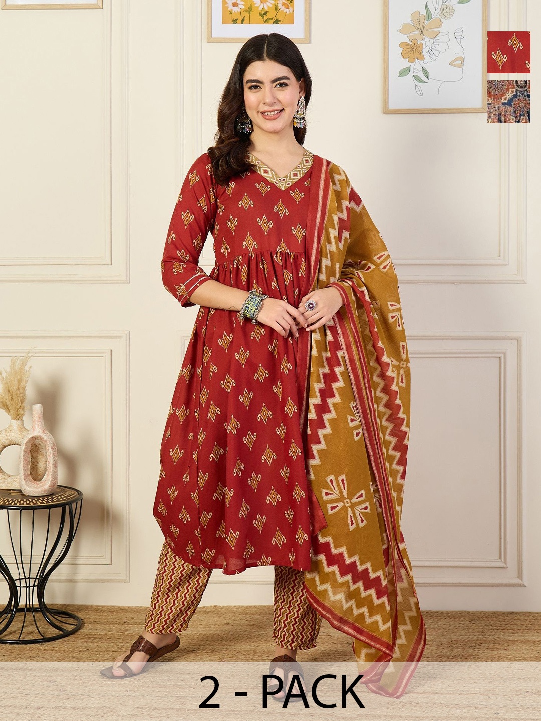 KALINI Selection Of 2 Ethnic Motifs V-Neck Anarkali Kurtas With Trousers And Dupattas, Rust
KALINI Selection Of 2 Ethnic Motifs V-Neck Anarkali Kurtas With Trousers And Dupattas, Rust
