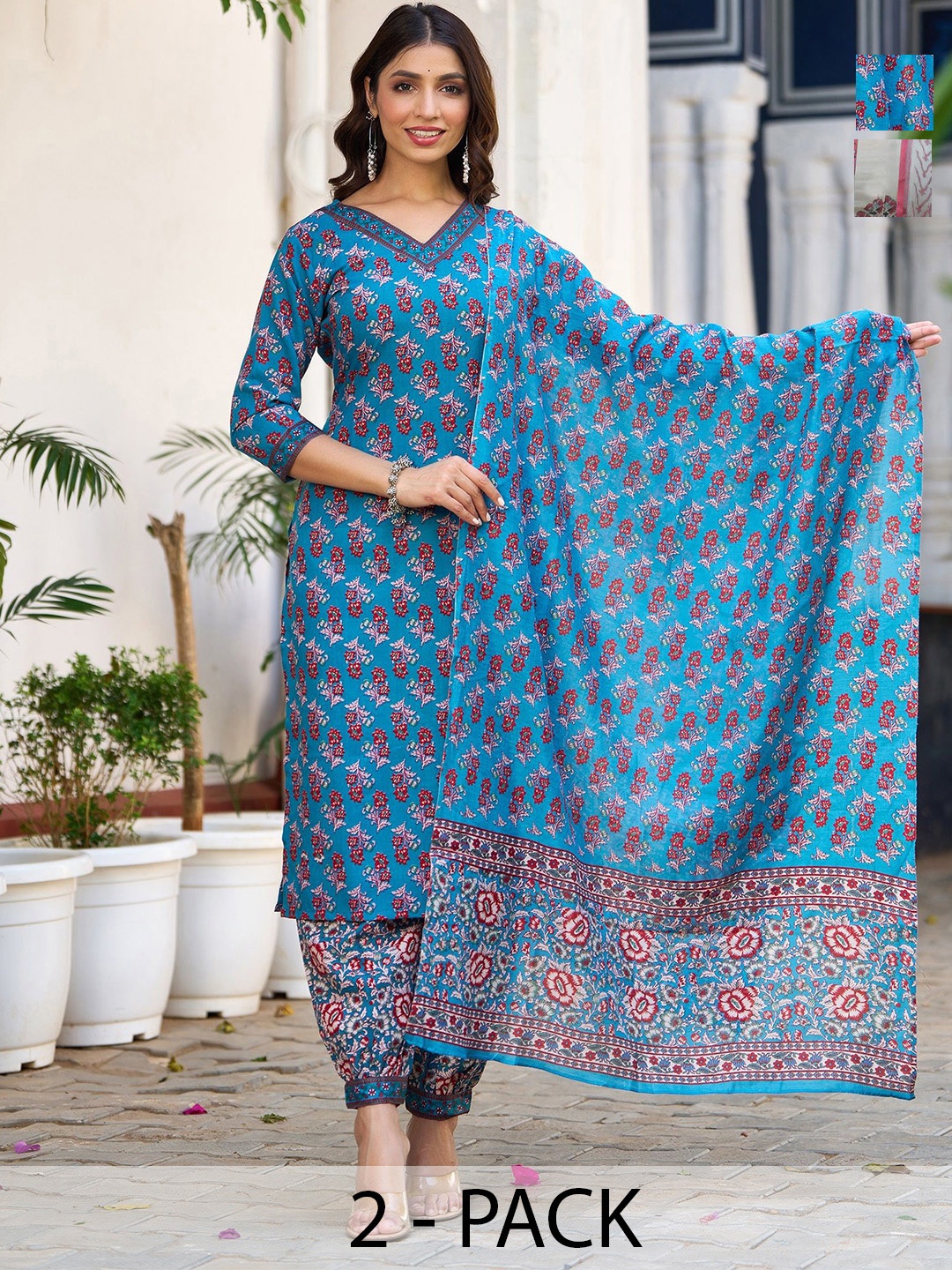 KALINI Selection Of 2 Floral Printed V-Neck Straight Kurtas With Pyjamas And Dupattas, Blue
KALINI Selection Of 2 Floral Printed V-Neck Straight Kurtas With Pyjamas And Dupattas, Blue