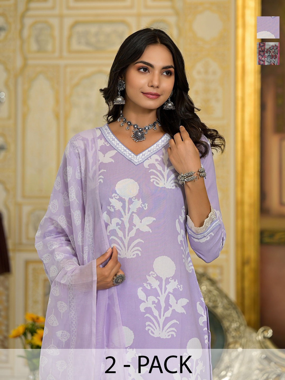KALINI Selection Of 2 Printed Sweetheart Neck Straight Kurtas with Trousers And Dupattas, Off white
KALINI Selection Of 2 Printed Sweetheart Neck Straight Kurtas with Trousers And Dupattas, Off white