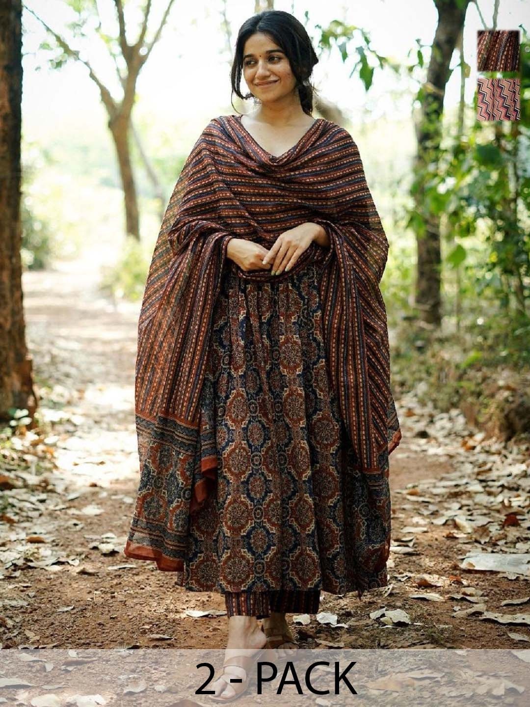 KALINI Selection Of 2 Printed V Neck Anarkali Kurtas With Trousers And Dupattas, Brown
KALINI Selection Of 2 Printed V Neck Anarkali Kurtas With Trousers And Dupattas, Brown