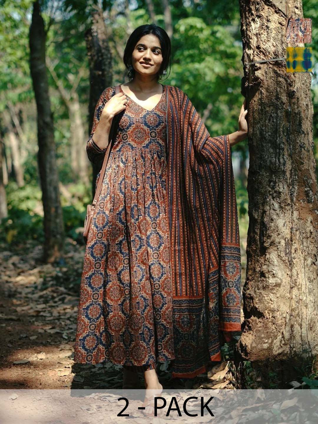 KALINI Selection Of 2 Printed V Neck Anarkali Kurtas With Trousers And Dupattas, Brown
KALINI Selection Of 2 Printed V Neck Anarkali Kurtas With Trousers And Dupattas, Brown