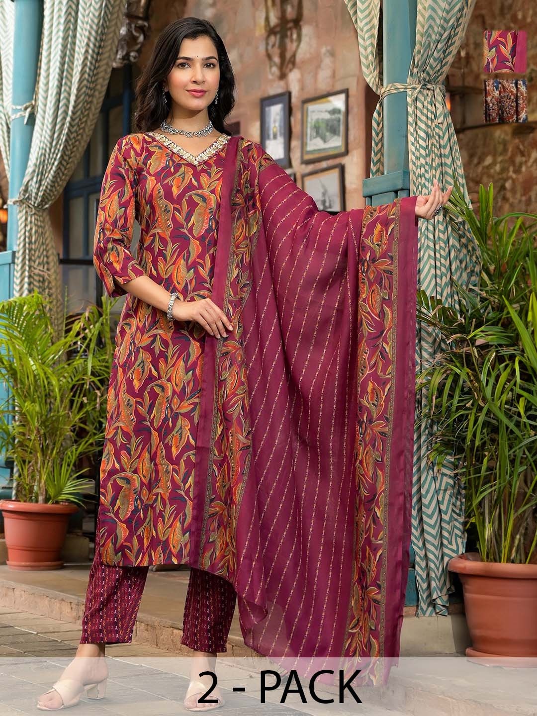 KALINI Selection Of 2 Floral V-Neck Printed Kurtas With Trousers And Dupattas, Maroon
KALINI Selection Of 2 Floral V-Neck Printed Kurtas With Trousers And Dupattas, Maroon