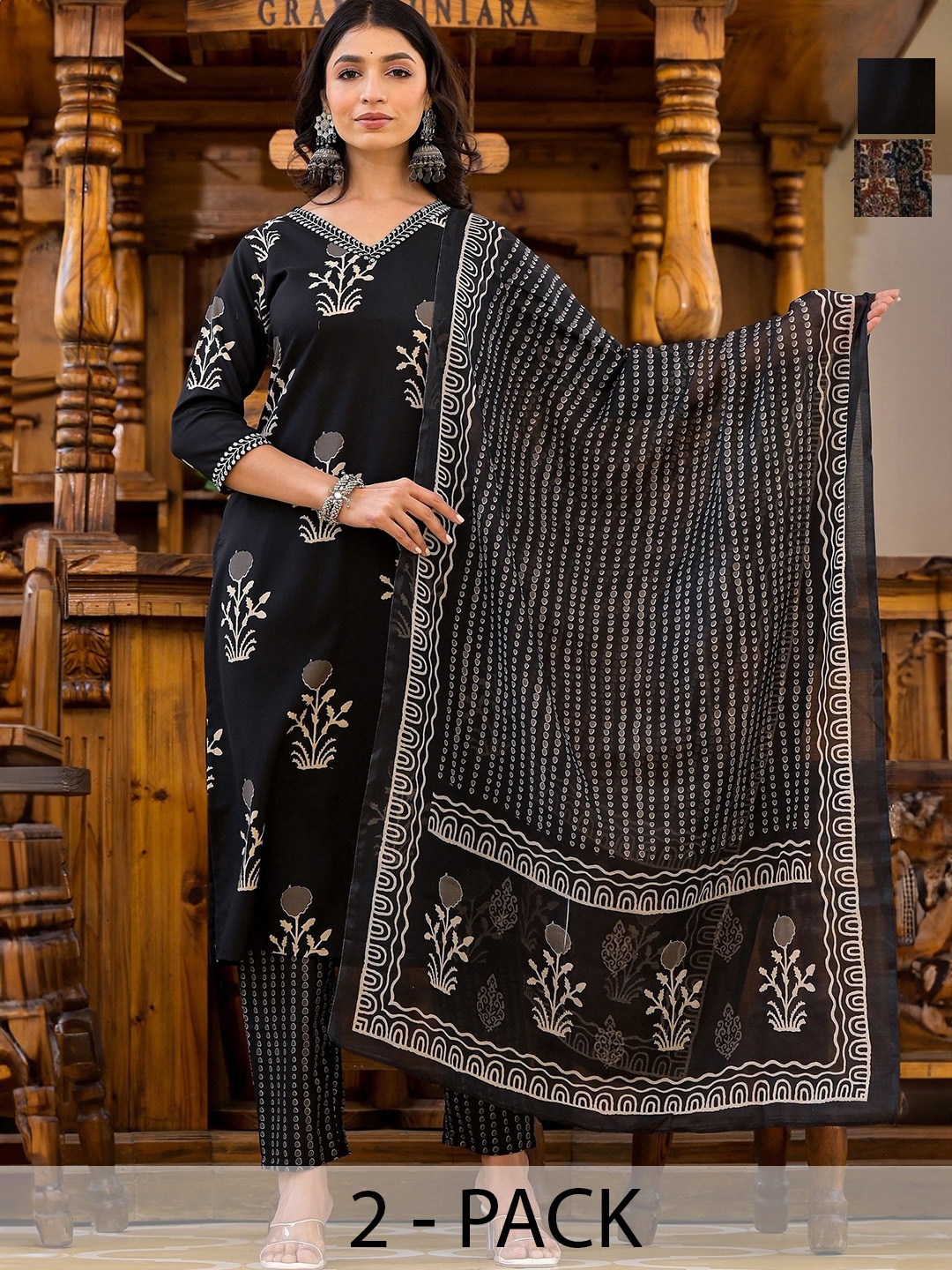 KALINI Selection Of 2 Floral Printed V-Neck Kurtas With Trousers And Dupattas, Black
KALINI Selection Of 2 Floral Printed V-Neck Kurtas With Trousers And Dupattas, Black