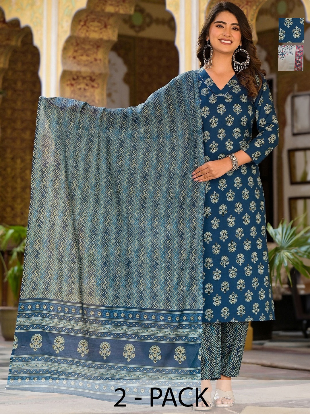 KALINI Selection Of 2 Floral Printed V-Neck Straight Kurtas With Trousers And Dupattas, Teal
KALINI Selection Of 2 Floral Printed V-Neck Straight Kurtas With Trousers And Dupattas, Teal