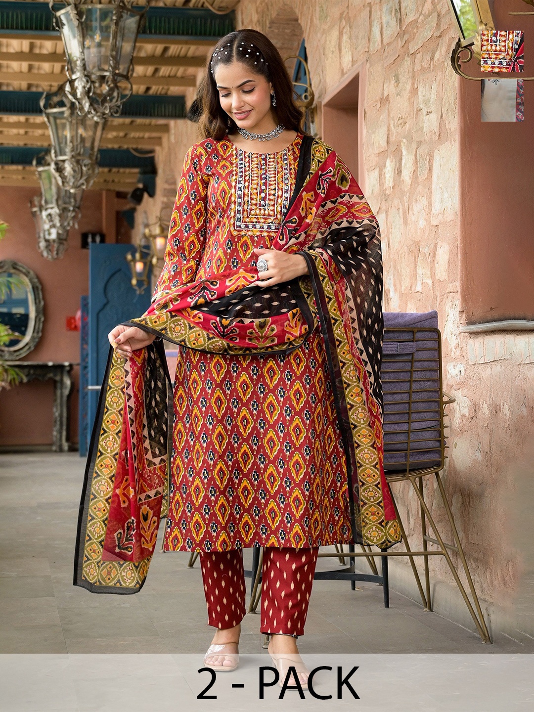 KALINI Selection Of 2 Ethnic Motifs Printed Thread Work Kurtas With Trousers And Dupattas, Red
KALINI Selection Of 2 Ethnic Motifs Printed Thread Work Kurtas With Trousers And Dupattas, Red