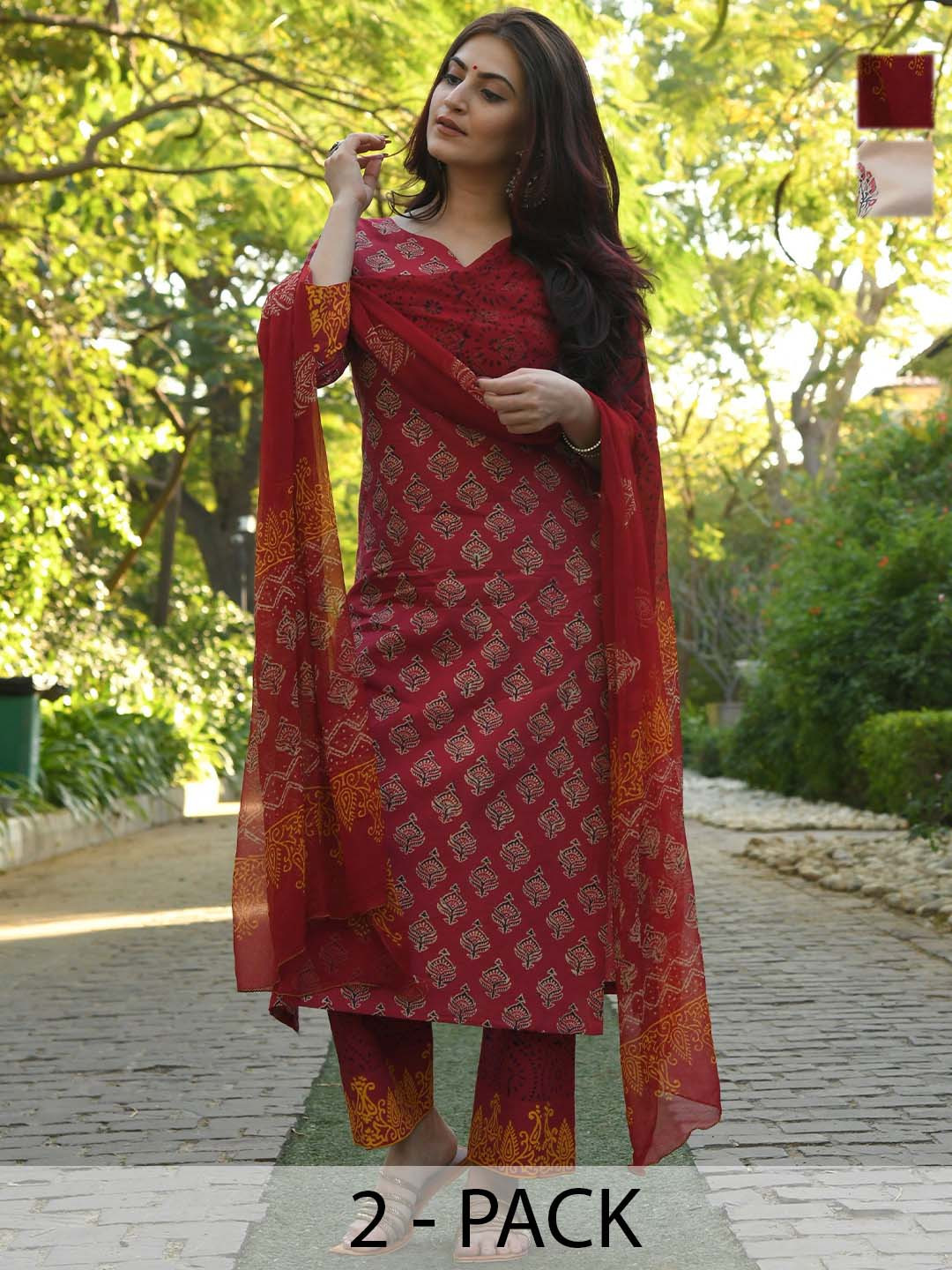 KALINI Selection Of 2 Ethnic Motifs Printed Sweetheart Neck Kurta With Trousers & Dupattas, Red
KALINI Selection Of 2 Ethnic Motifs Printed Sweetheart Neck Kurta With Trousers & Dupattas, Red