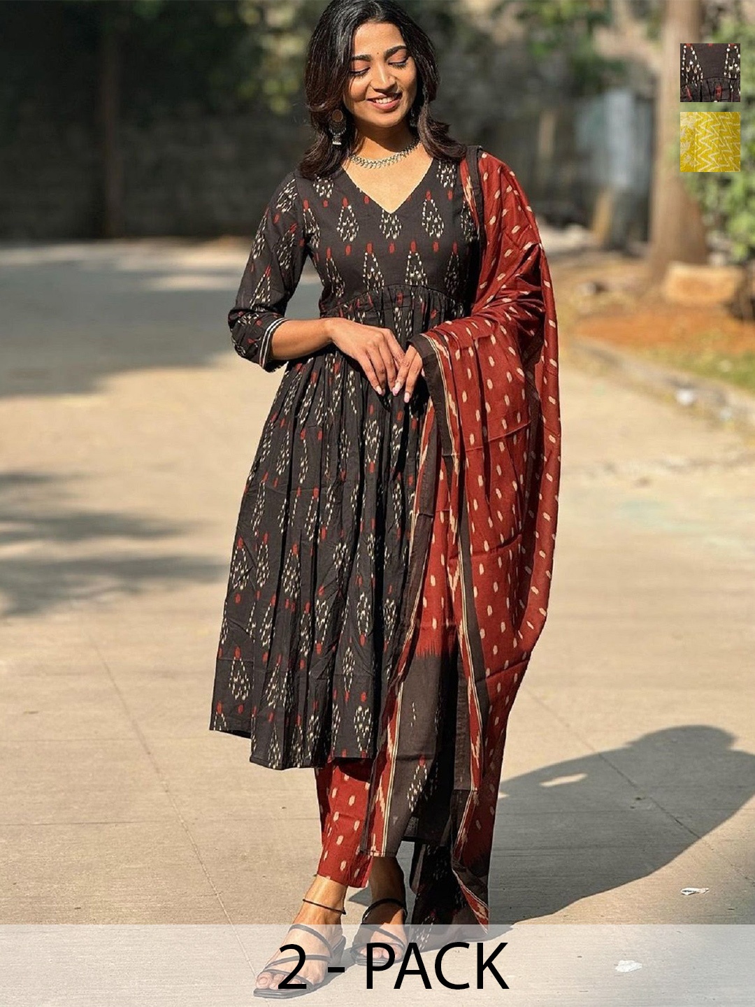 KALINI Selection Of 2 Ethnic Motifs Printed Anarkali Kurtas With Trousers And Dupattas, Black
KALINI Selection Of 2 Ethnic Motifs Printed Anarkali Kurtas With Trousers And Dupattas, Black