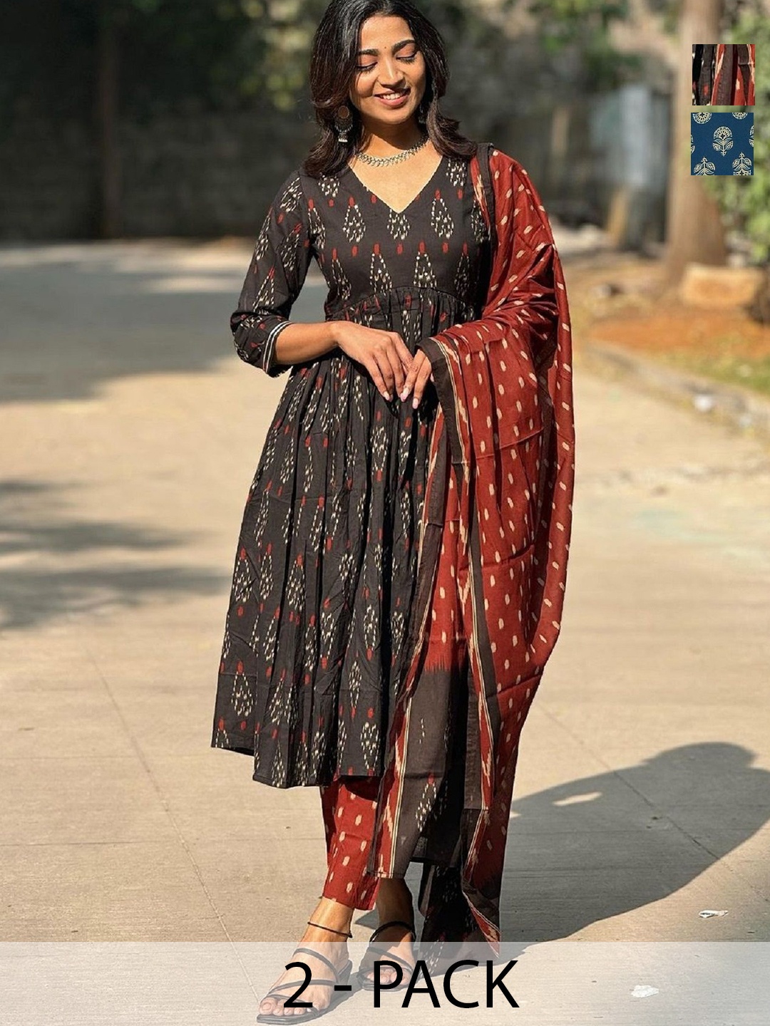 KALINI Selection Of 2 Ethnic Motifs Printed Anarkali Kurtas With Trousers And Dupattas, Black
KALINI Selection Of 2 Ethnic Motifs Printed Anarkali Kurtas With Trousers And Dupattas, Black