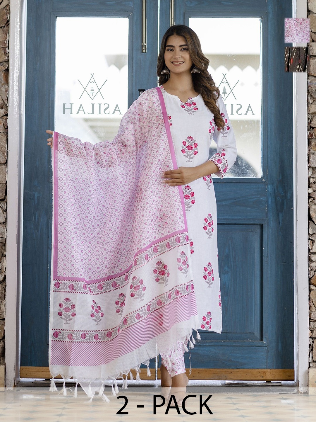 KALINI Selection Of 2 Floral Printed Notch Neck Straight Kurtas With Trousers And Dupattas, White
KALINI Selection Of 2 Floral Printed Notch Neck Straight Kurtas With Trousers And Dupattas, White