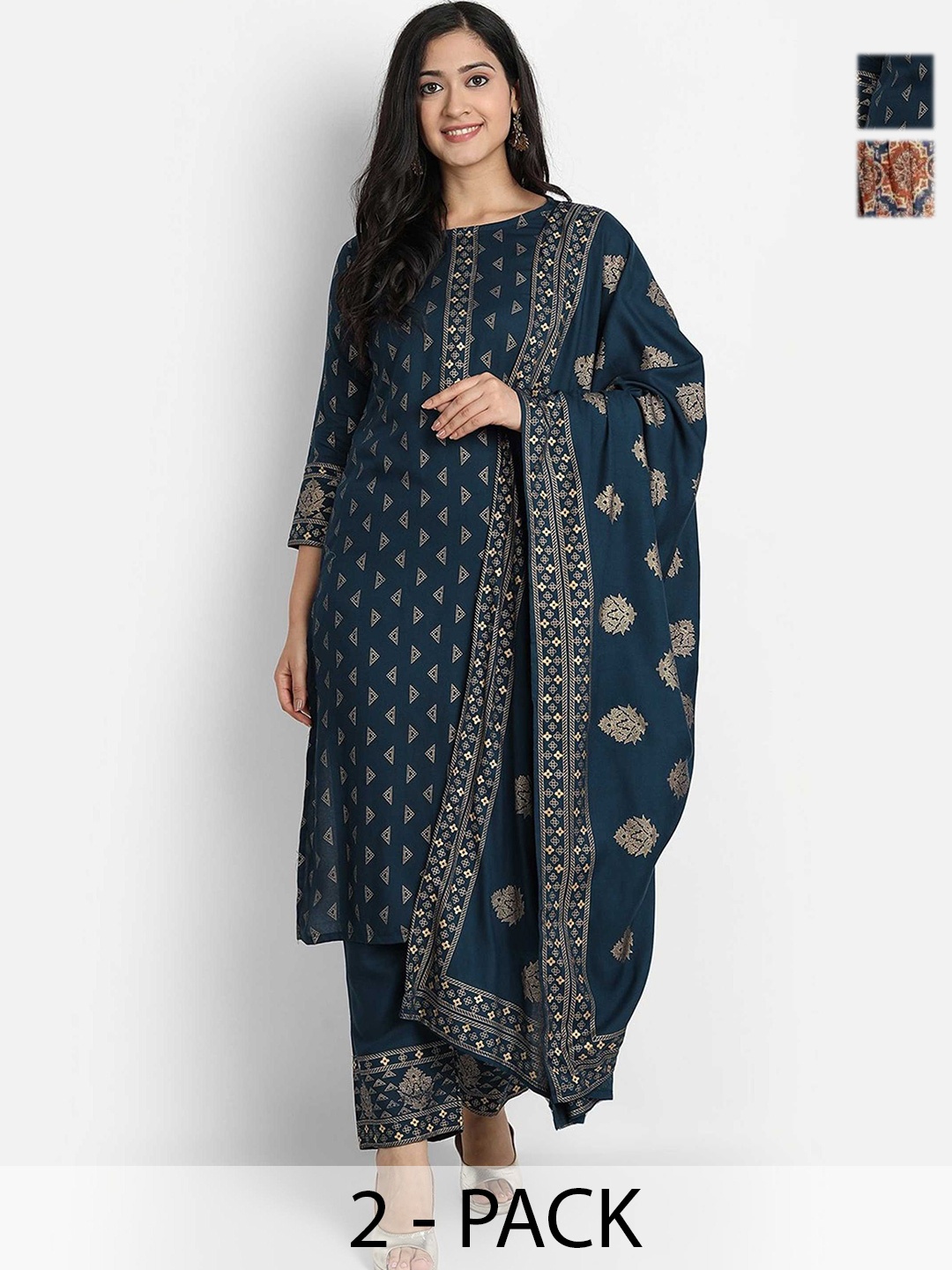 KALINI Selection Of 2 Geometric Printed Straight Kurtas With Trousers And Dupattas, Teal
KALINI Selection Of 2 Geometric Printed Straight Kurtas With Trousers And Dupattas, Teal