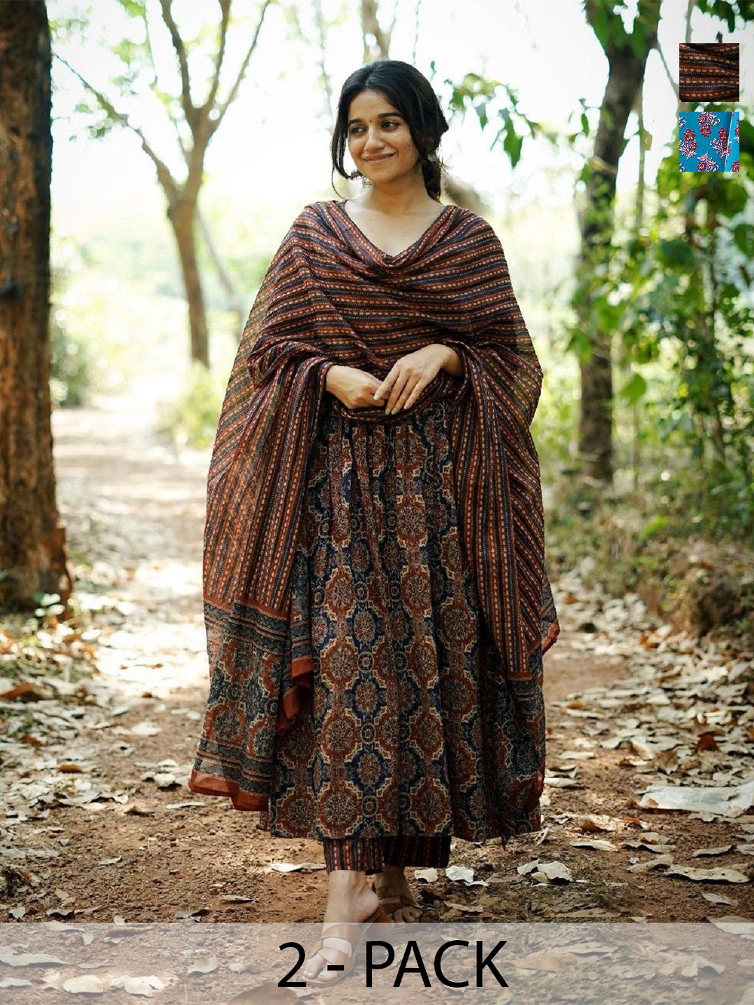 KALINI Selection Of 2 Ethnic Motifs Printed Anarkali Kurtas With Trousers And Dupattas, Brown
KALINI Selection Of 2 Ethnic Motifs Printed Anarkali Kurtas With Trousers And Dupattas, Brown