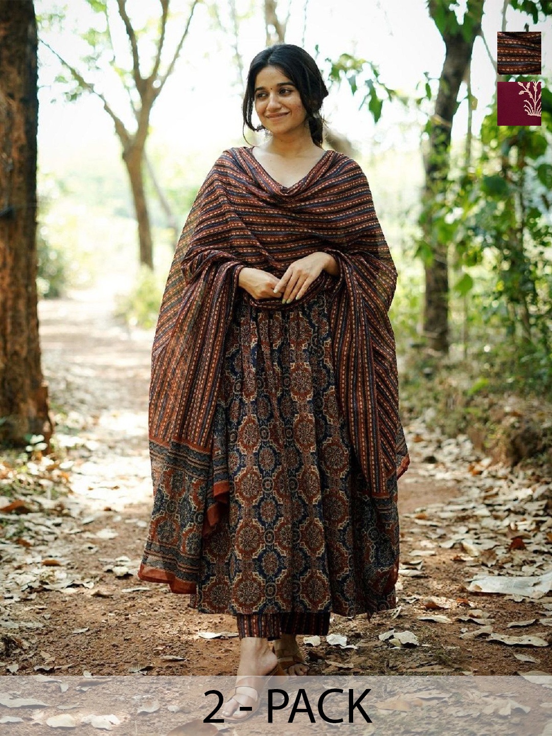 KALINI Selection Of 2 Ethnic Motifs Printed Anarkali Kurtas With Trousers And Dupattas, Brown
KALINI Selection Of 2 Ethnic Motifs Printed Anarkali Kurtas With Trousers And Dupattas, Brown