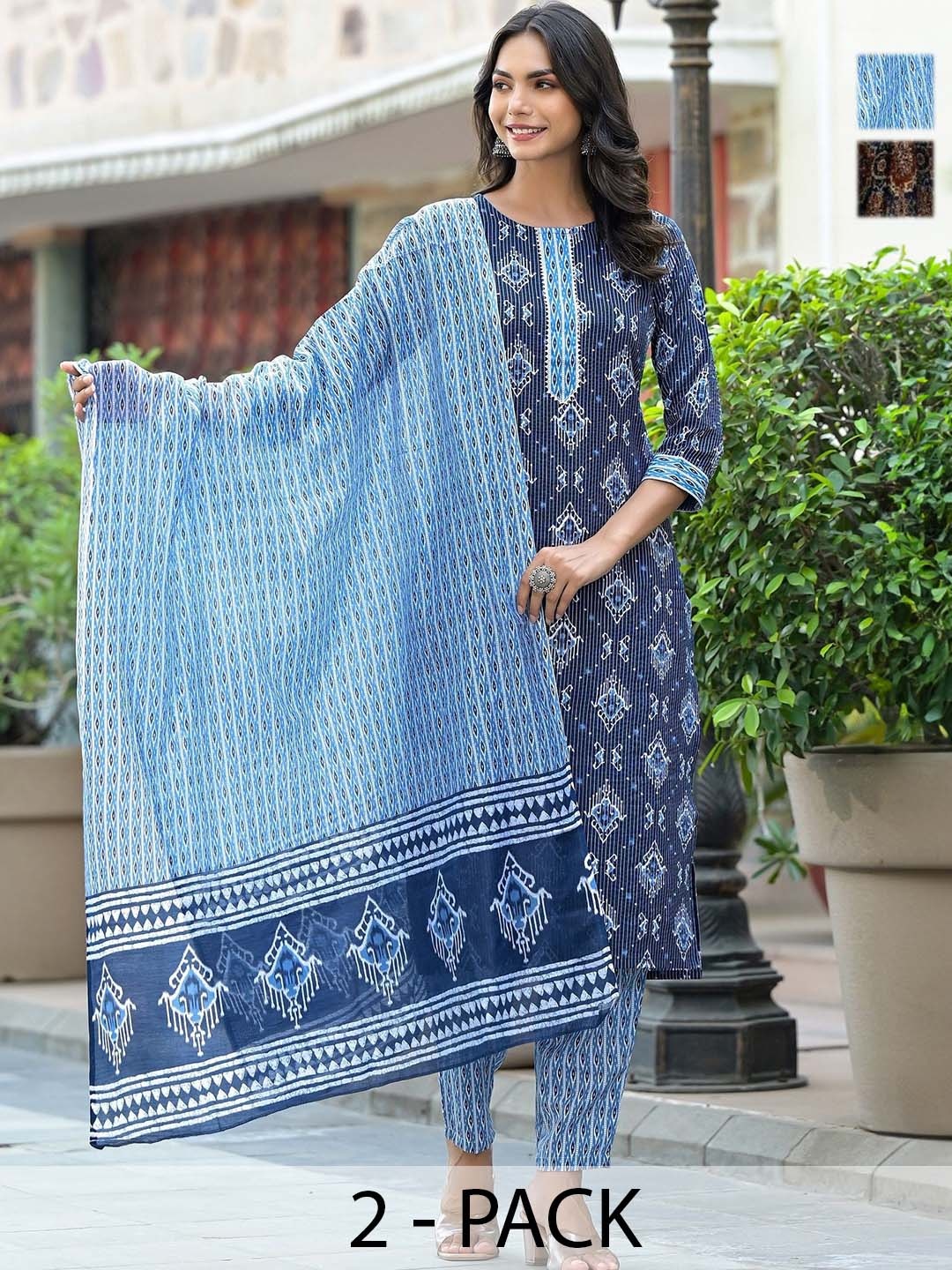 KALINI Selection Of 2 Ethnic Motifs Printed Straight Kurtas With Trousers And Dupatta, Navy blue
KALINI Selection Of 2 Ethnic Motifs Printed Straight Kurtas With Trousers And Dupatta, Navy blue