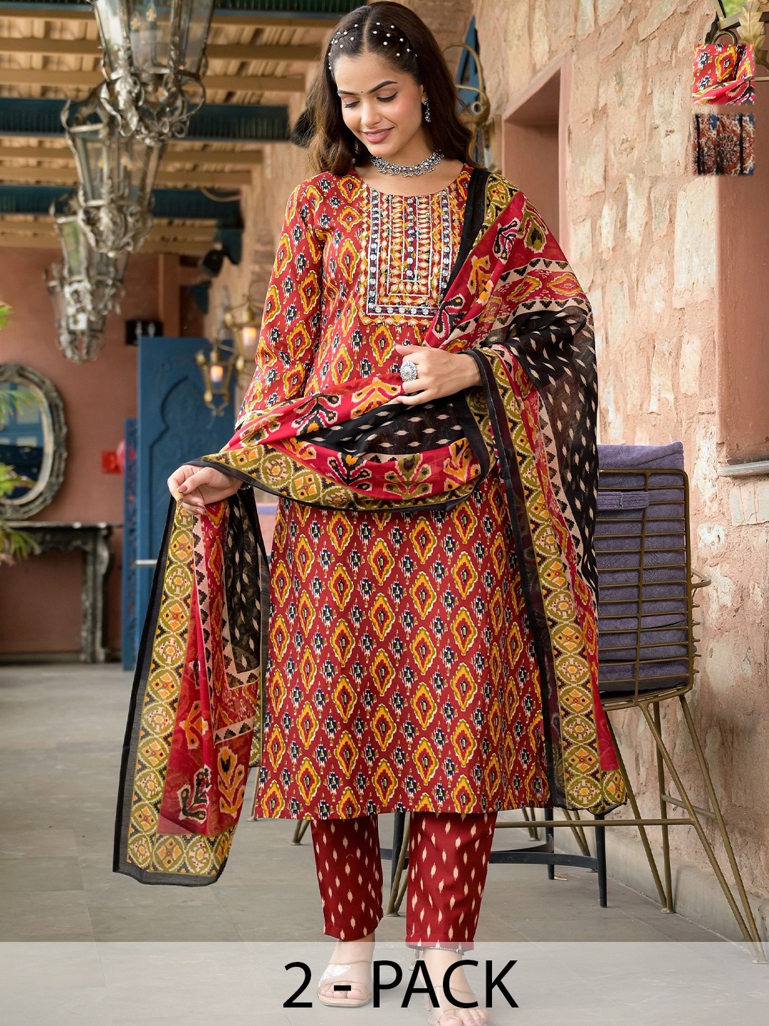 KALINI Anjana Selection of 2 Ethnic Motifs Printed Straight Kurta With Trouser And Dupatta, Red
KALINI Anjana Selection of 2 Ethnic Motifs Printed Straight Kurta With Trouser And Dupatta, Red