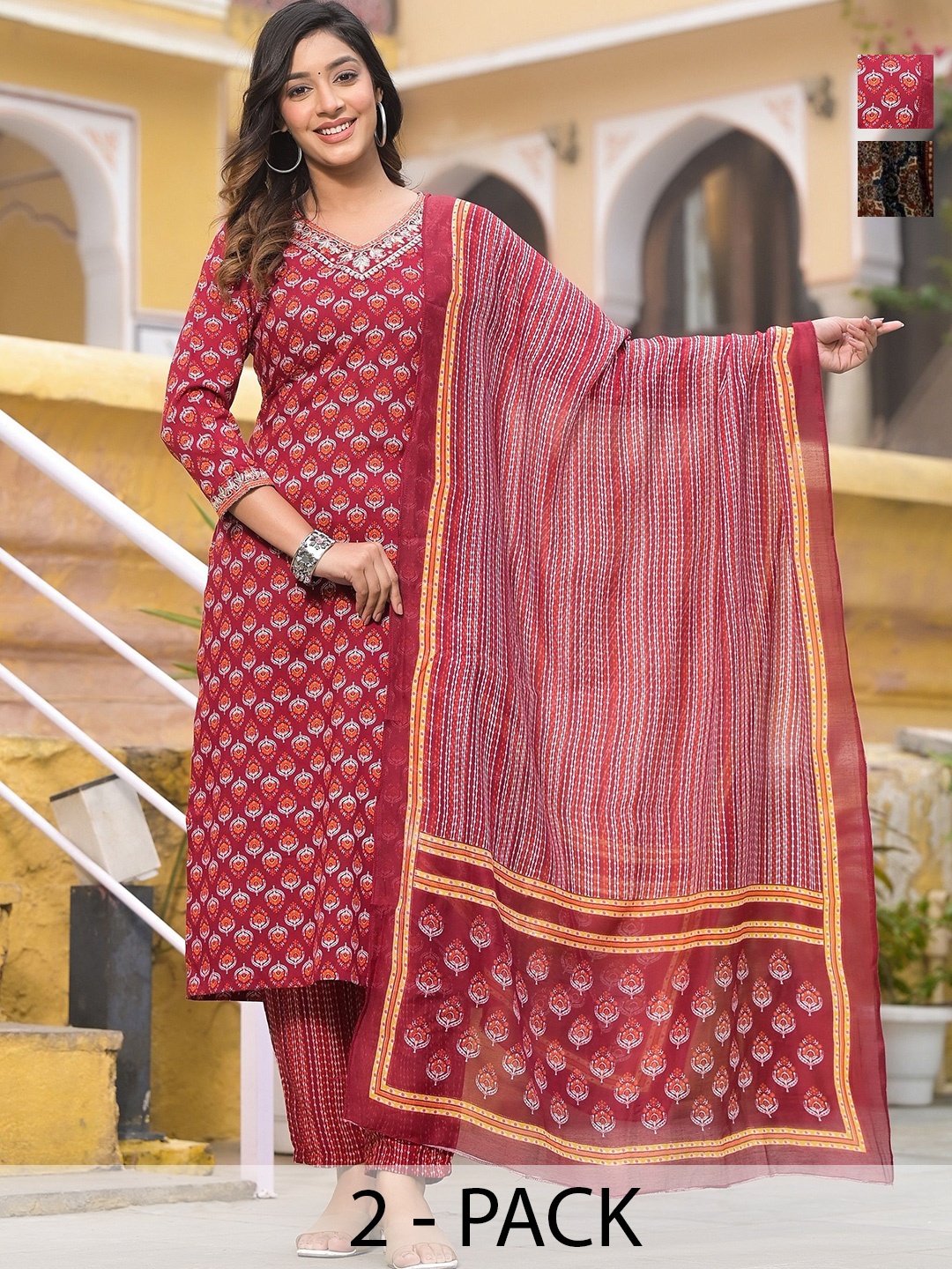 KALINI Anjana Selection of 2 Floral Printed Straight Kurta With Trouser And Dupatta, Red
KALINI Anjana Selection of 2 Floral Printed Straight Kurta With Trouser And Dupatta, Red