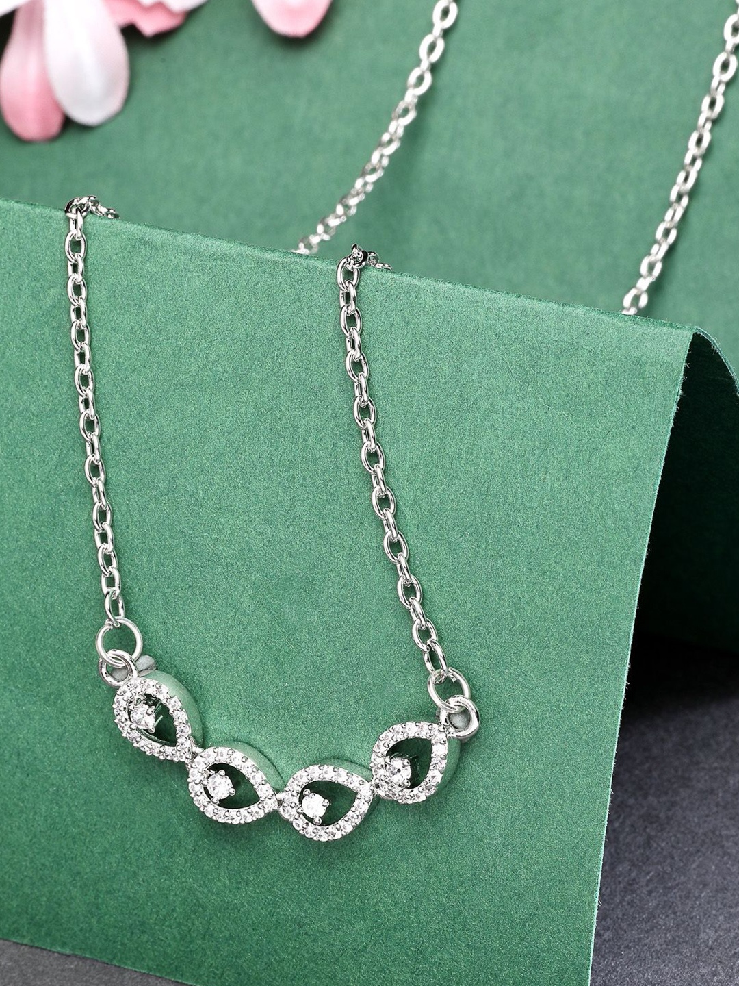 ZENEME Rhodium-Plated AD Luxury Studded Grace Pendant With Chain, Silver
ZENEME Rhodium-Plated AD Luxury Studded Grace Pendant With Chain, Silver