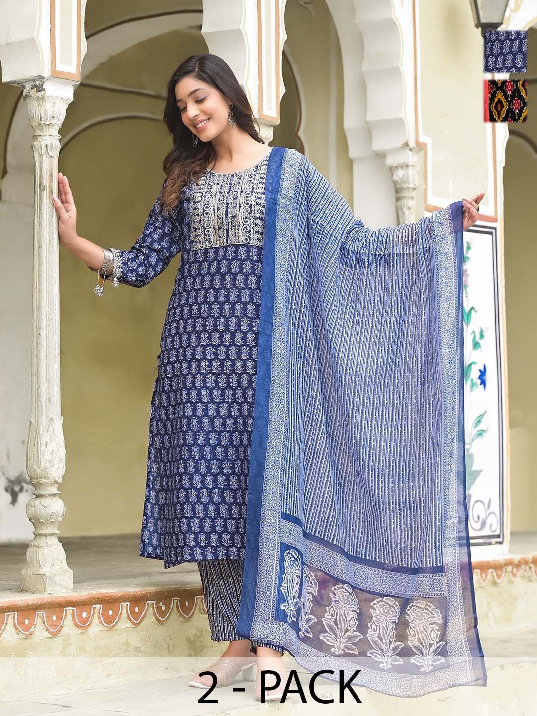 KALINI Selection Of 2 Floral Printed Straight Kurtas With Trousers And Dupatta, Navy blue
KALINI Selection Of 2 Floral Printed Straight Kurtas With Trousers And Dupatta, Navy blue