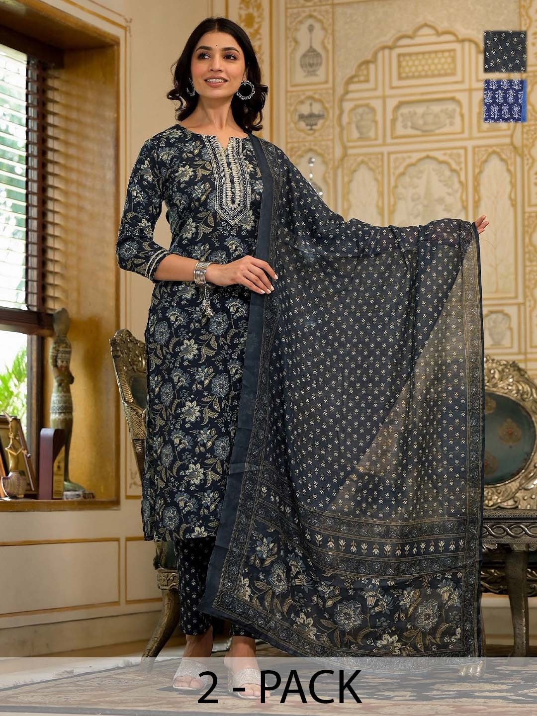 KALINI Selection Of 2 Floral Printed Thread Work Straight Kurtas With Trousers & Dupattas, Navy blue
KALINI Selection Of 2 Floral Printed Thread Work Straight Kurtas With Trousers & Dupattas, Navy blue