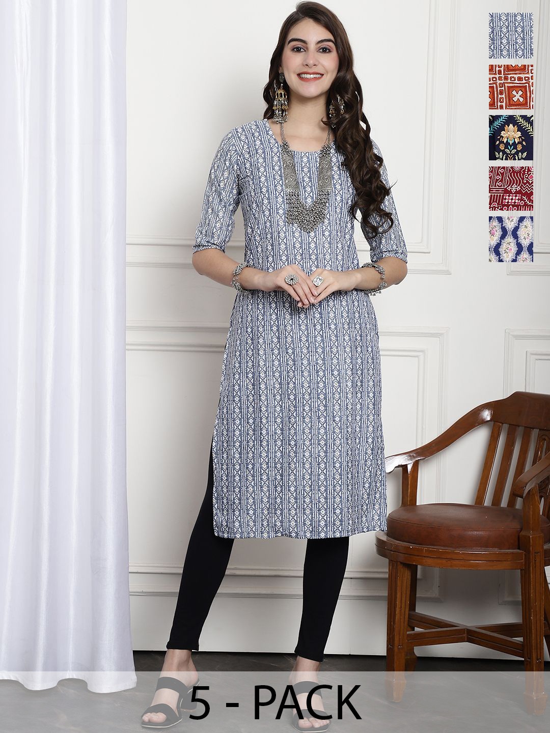 7Threads Selections of 6 Geometric Printed Round Neck Straight Kurtas, Blue
7Threads Selections of 6 Geometric Printed Round Neck Straight Kurtas, Blue