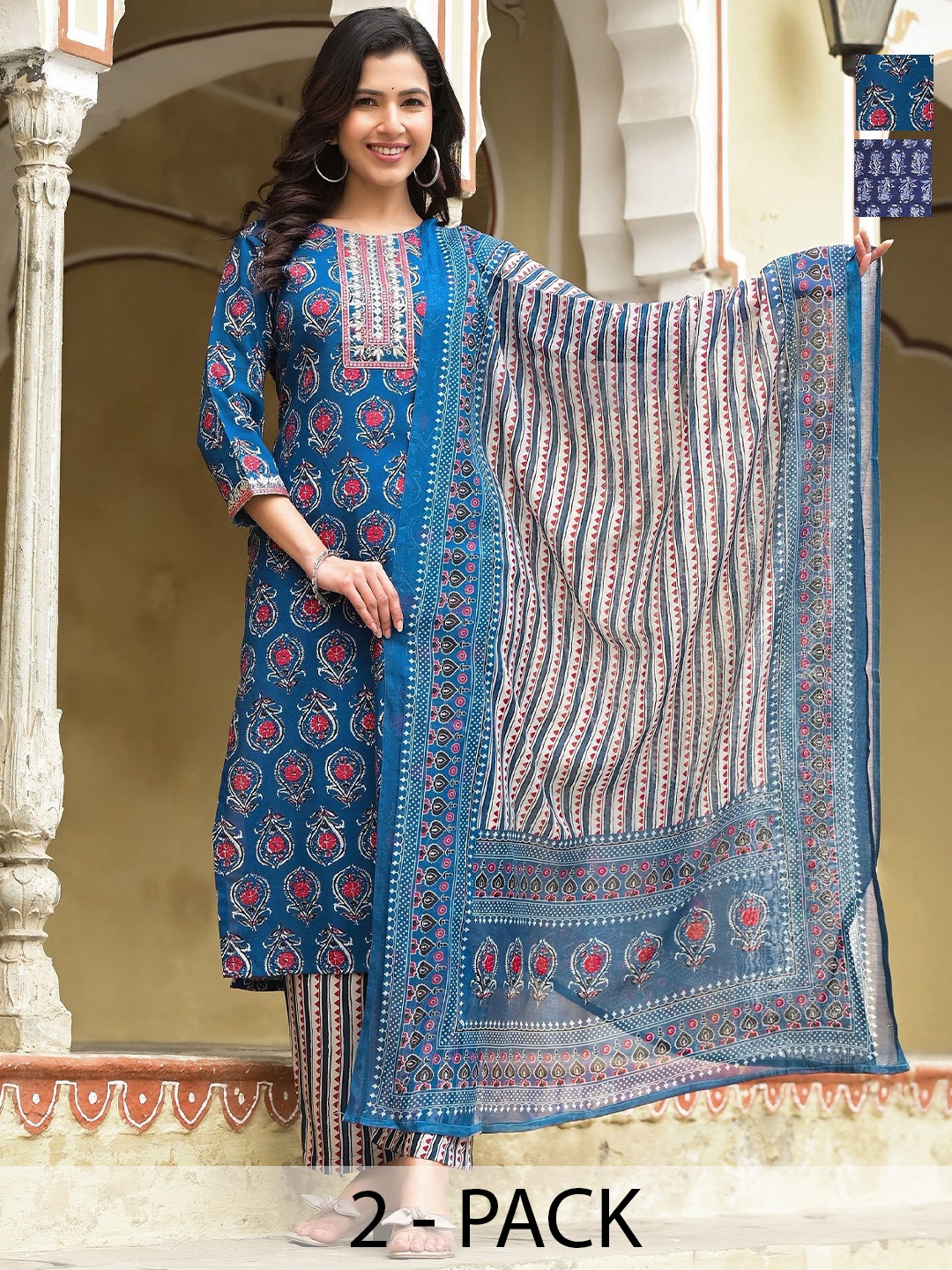 KALINI Selection Of 2 Ethnic Motifs Printed Sequence Kurtas With Trousers & Dupatta, Blue
KALINI Selection Of 2 Ethnic Motifs Printed Sequence Kurtas With Trousers & Dupatta, Blue