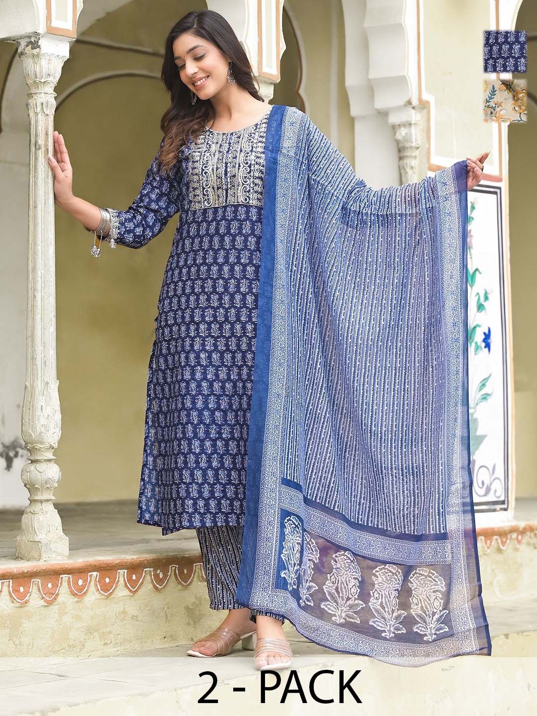 KALINI Selection Of 2 Ethnic Motifs Printed Sequence V-Neck Kurtas With Trousers & Dupatta, Blue
KALINI Selection Of 2 Ethnic Motifs Printed Sequence V-Neck Kurtas With Trousers & Dupatta, Blue