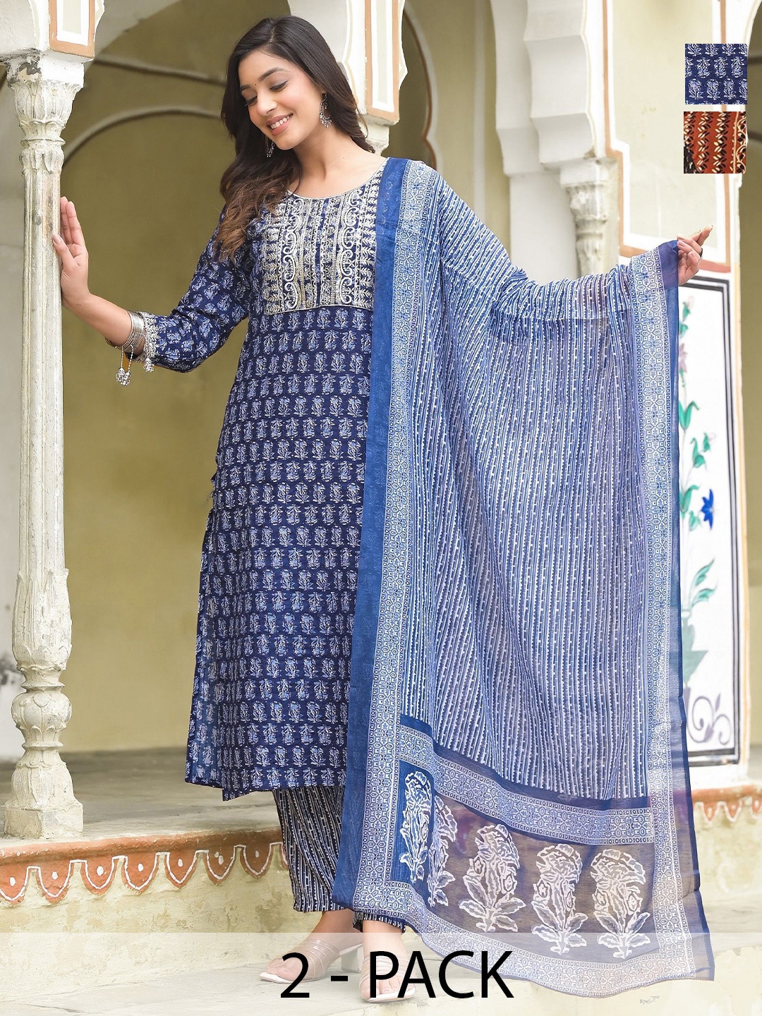 KALINI Selection Of 2 Ethnic Motifs Printed Sequence V-Neck Kurtas With Trousers & Dupatta, Blue
KALINI Selection Of 2 Ethnic Motifs Printed Sequence V-Neck Kurtas With Trousers & Dupatta, Blue