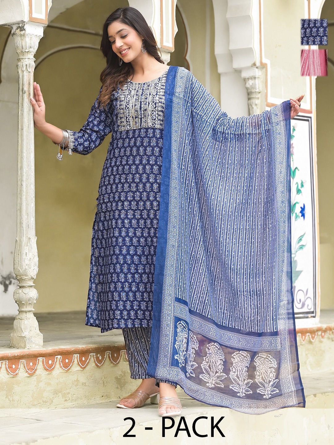 KALINI Selection Of 2 Ethnic Motifs Printed Sequence V-Neck Kurtas With Trousers & Dupatta, Blue
KALINI Selection Of 2 Ethnic Motifs Printed Sequence V-Neck Kurtas With Trousers & Dupatta, Blue