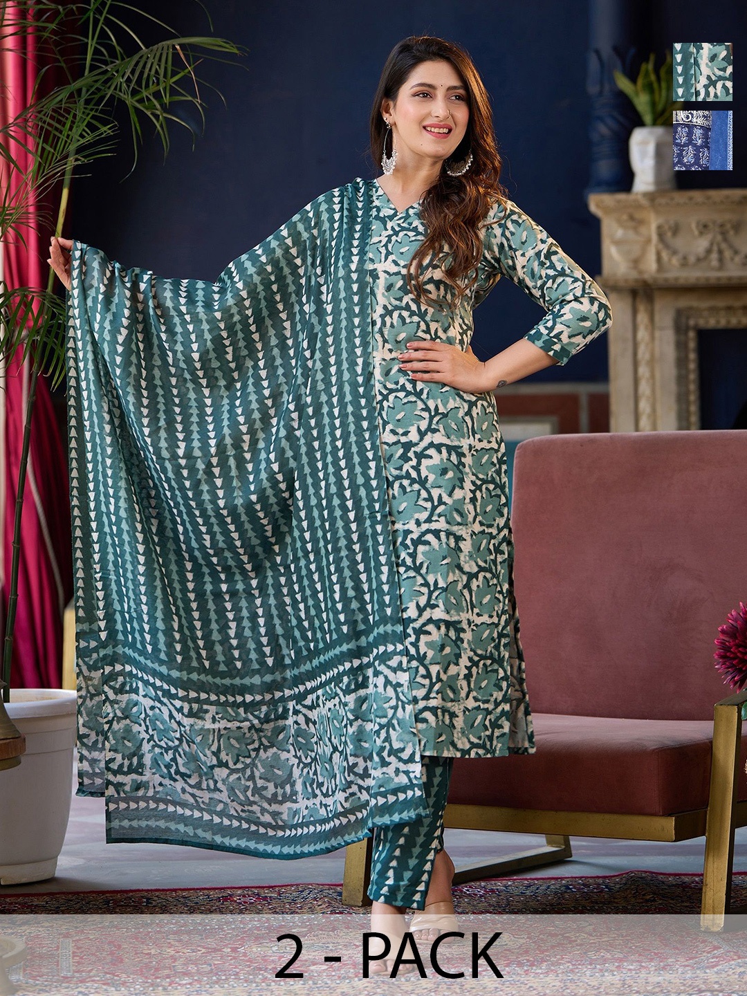 KALINI Selection Of 2 Ethnic Motifs Printed Sequence V-Neck Kurtas With Trousers & Dupatta, Blue
KALINI Selection Of 2 Ethnic Motifs Printed Sequence V-Neck Kurtas With Trousers & Dupatta, Blue