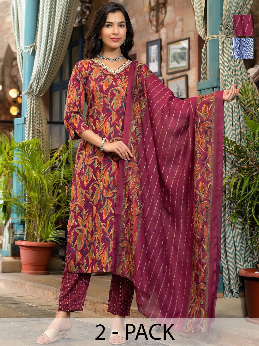 KALINI Selection Of 2 Ethnic Motifs Printed V-neck Straight Kurta With Trousers & Dupattas, Maroon
KALINI Selection Of 2 Ethnic Motifs Printed V-neck Straight Kurta With Trousers & Dupattas, Maroon
