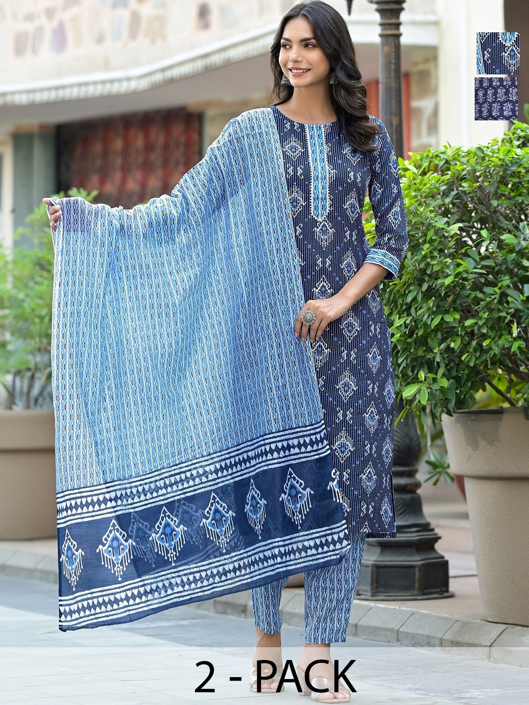KALINI Selection Of 2 Ethnic Motifs Printed Straight Kurta With Trousers & Dupattas, Blue
KALINI Selection Of 2 Ethnic Motifs Printed Straight Kurta With Trousers & Dupattas, Blue