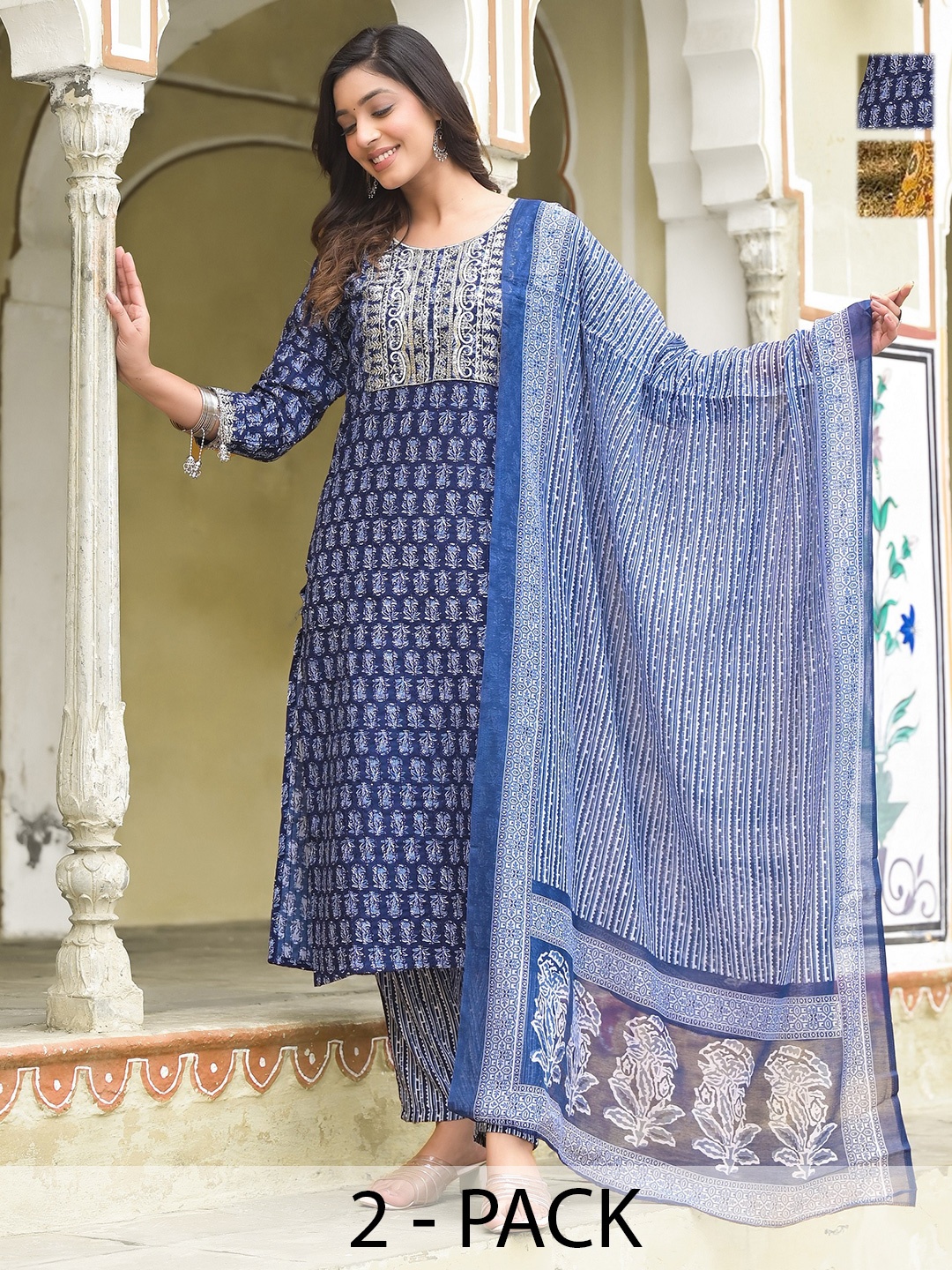 KALINI Women Ethnic Motifs Printed Regular Sequinned Kurta with Trousers & With Dupatta, Blue
KALINI Women Ethnic Motifs Printed Regular Sequinned Kurta with Trousers & With Dupatta, Blue