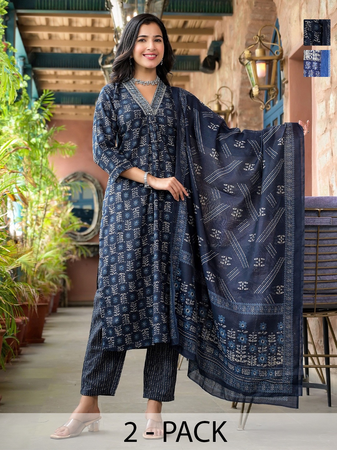 KALINI Selection Of 2 Ethnic Motifs Printed Sequinned Kurtas With Trousers And Dupattas, Navy blue
KALINI Selection Of 2 Ethnic Motifs Printed Sequinned Kurtas With Trousers And Dupattas, Navy blue