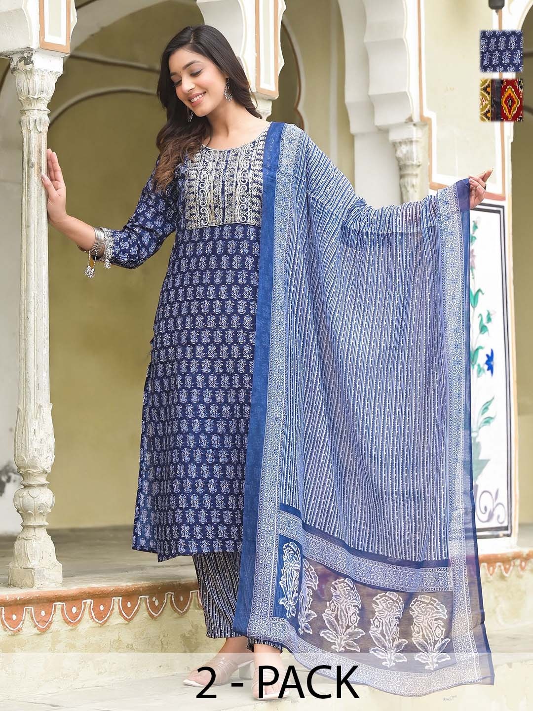 KALINI Selection Of 2 Ethnic Motifs Printed Sequinned Kurtas With Trousers And Dupattas, Blue
KALINI Selection Of 2 Ethnic Motifs Printed Sequinned Kurtas With Trousers And Dupattas, Blue