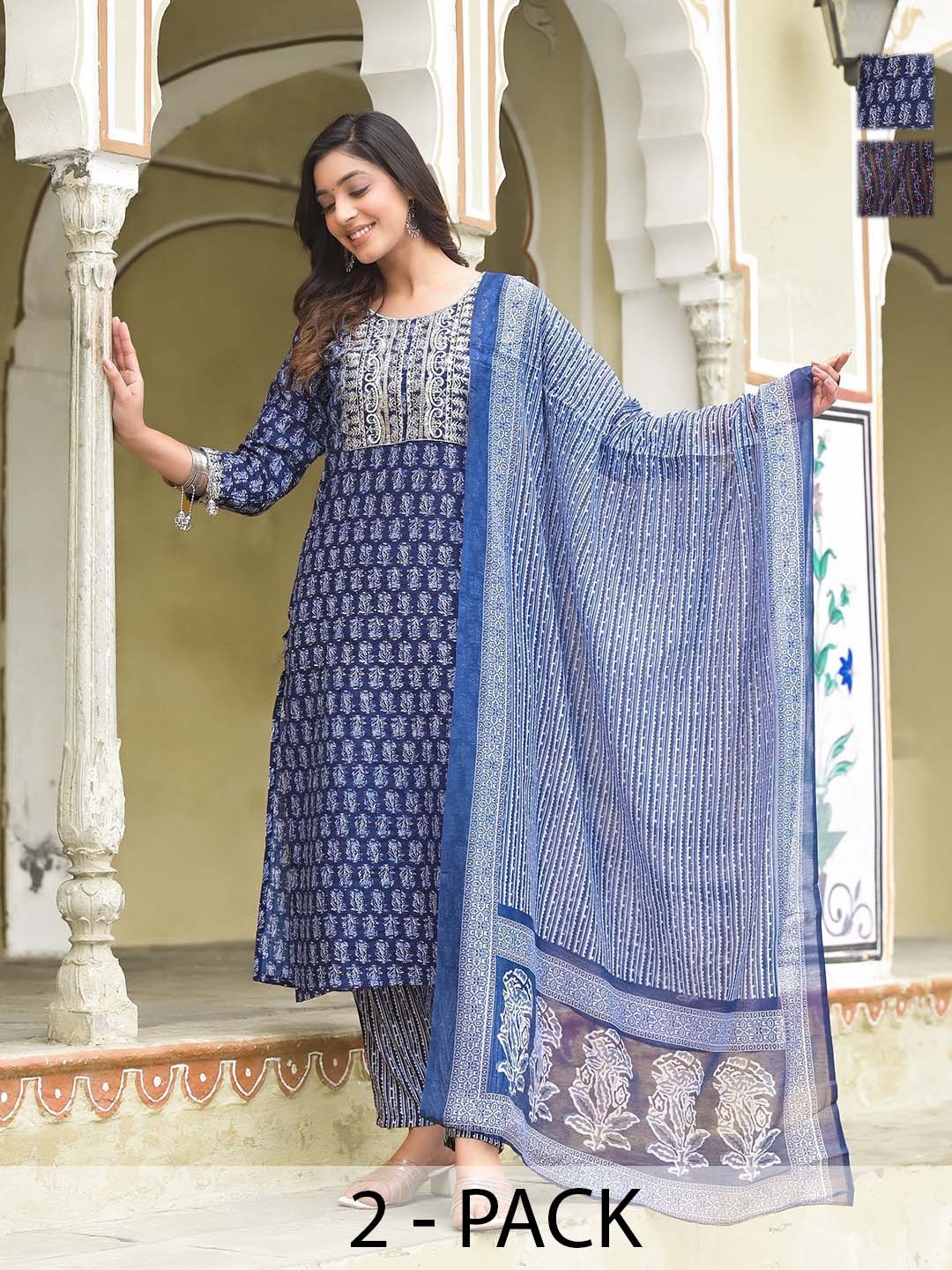 KALINI Selection Of 2 Floral Printed Straight Kurtas With Trousers And Dupattas, Blue
KALINI Selection Of 2 Floral Printed Straight Kurtas With Trousers And Dupattas, Blue