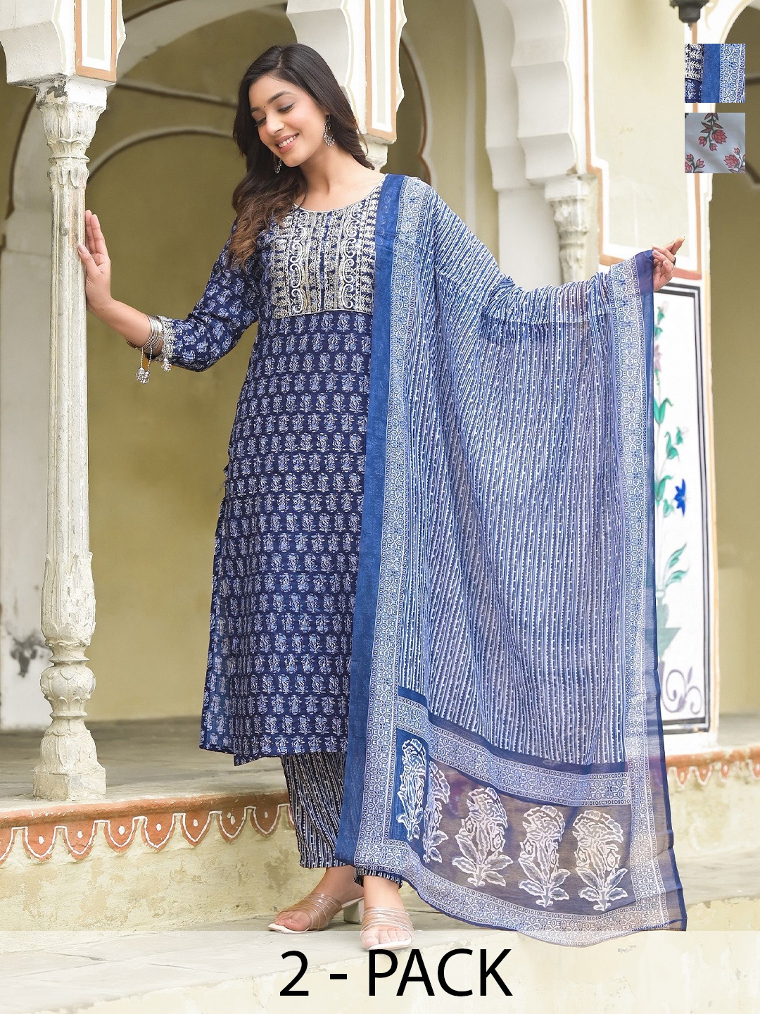KALINI Selection Of 2 Ethnic Motifs Printed Sequinned Kurtas With Trousers & Dupattas, Blue
KALINI Selection Of 2 Ethnic Motifs Printed Sequinned Kurtas With Trousers & Dupattas, Blue