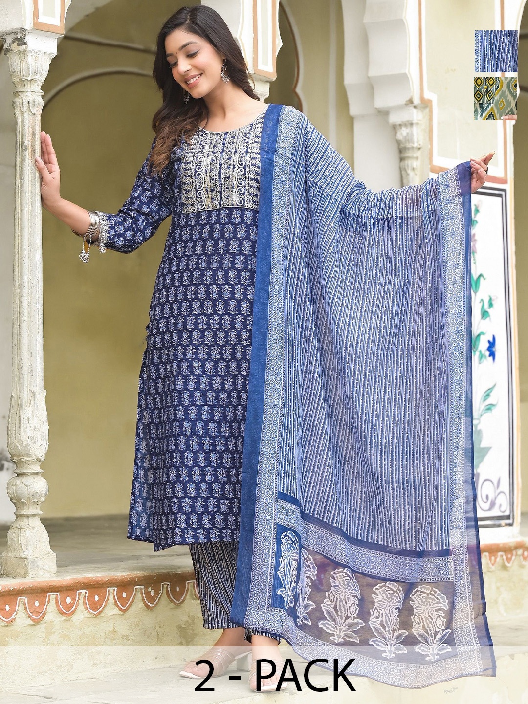 KALINI Selection Of 2 Ethnic Motifs Printed Sequinned Kurtas & Trousers & Dupattas, Blue
KALINI Selection Of 2 Ethnic Motifs Printed Sequinned Kurtas & Trousers & Dupattas, Blue