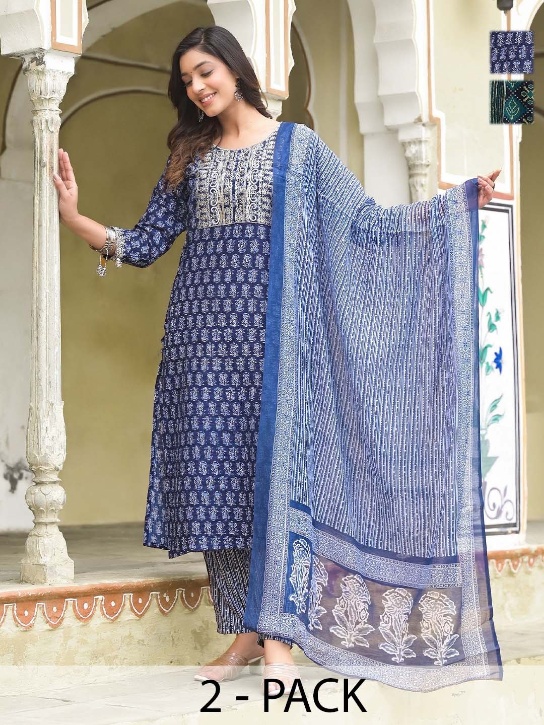 KALINI Selection Of 2 Ethnic Motifs Printed Straight Kurtas with Trousers & Dupattas, Blue
KALINI Selection Of 2 Ethnic Motifs Printed Straight Kurtas with Trousers & Dupattas, Blue