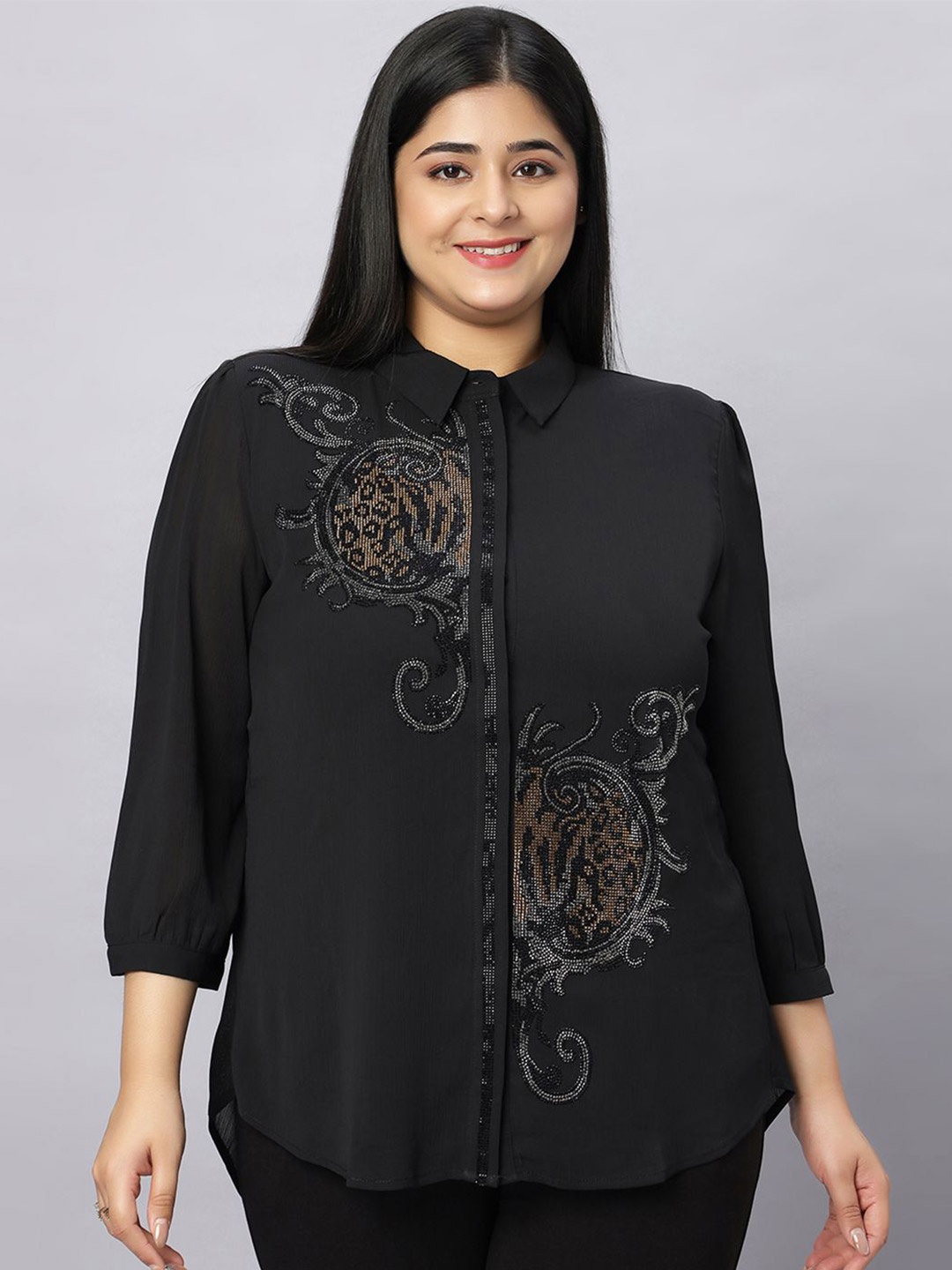 Presence Women Straight Fit Spread Collar Ethnic Motifs Printed Chiffon Casual Shirt, Black
Presence Women Straight Fit Spread Collar Ethnic Motifs Printed Chiffon Casual Shirt, Black