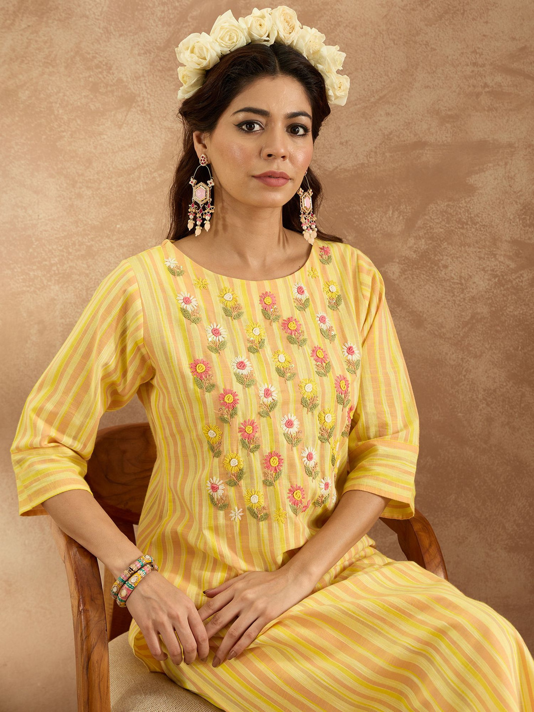Indo Era Floral Embroidered Pure Cotton Straight Kurta with Trouser, Mustard 
Indo Era Floral Embroidered Pure Cotton Straight Kurta with Trouser, Mustard