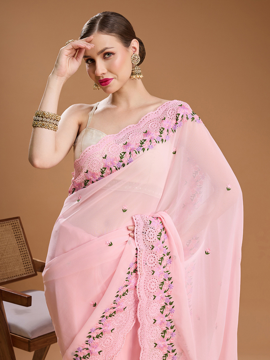 House of Pataudi Embellished Embroidered Pure Georgette Border Saree with Unstiched Blouse, Pink
House of Pataudi Embellished Embroidered Pure Georgette Border Saree with Unstiched Blouse, Pink