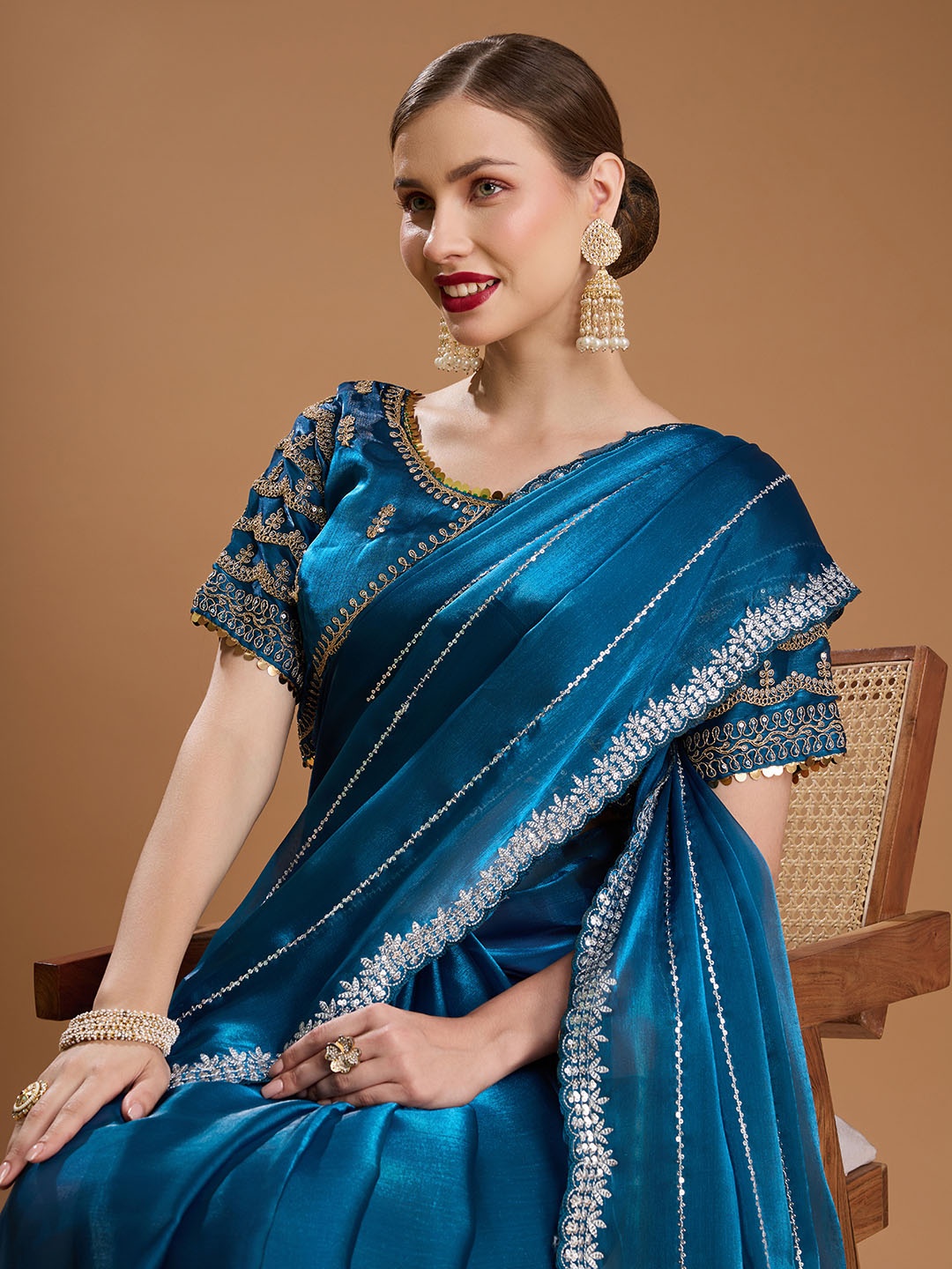 House of Pataudi Embellished Embroidered Satin Border Saree with Stitched blouse, Blue
House of Pataudi Embellished Embroidered Satin Border Saree with Stitched blouse, Blue