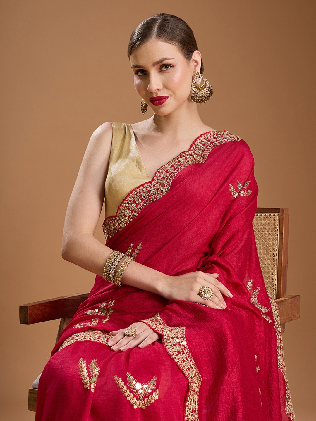 House of Pataudi Embellished Sequinned Silk Blend Border Saree with Unstiched Blouse, Red
House of Pataudi Embellished Sequinned Silk Blend Border Saree with Unstiched Blouse, Red