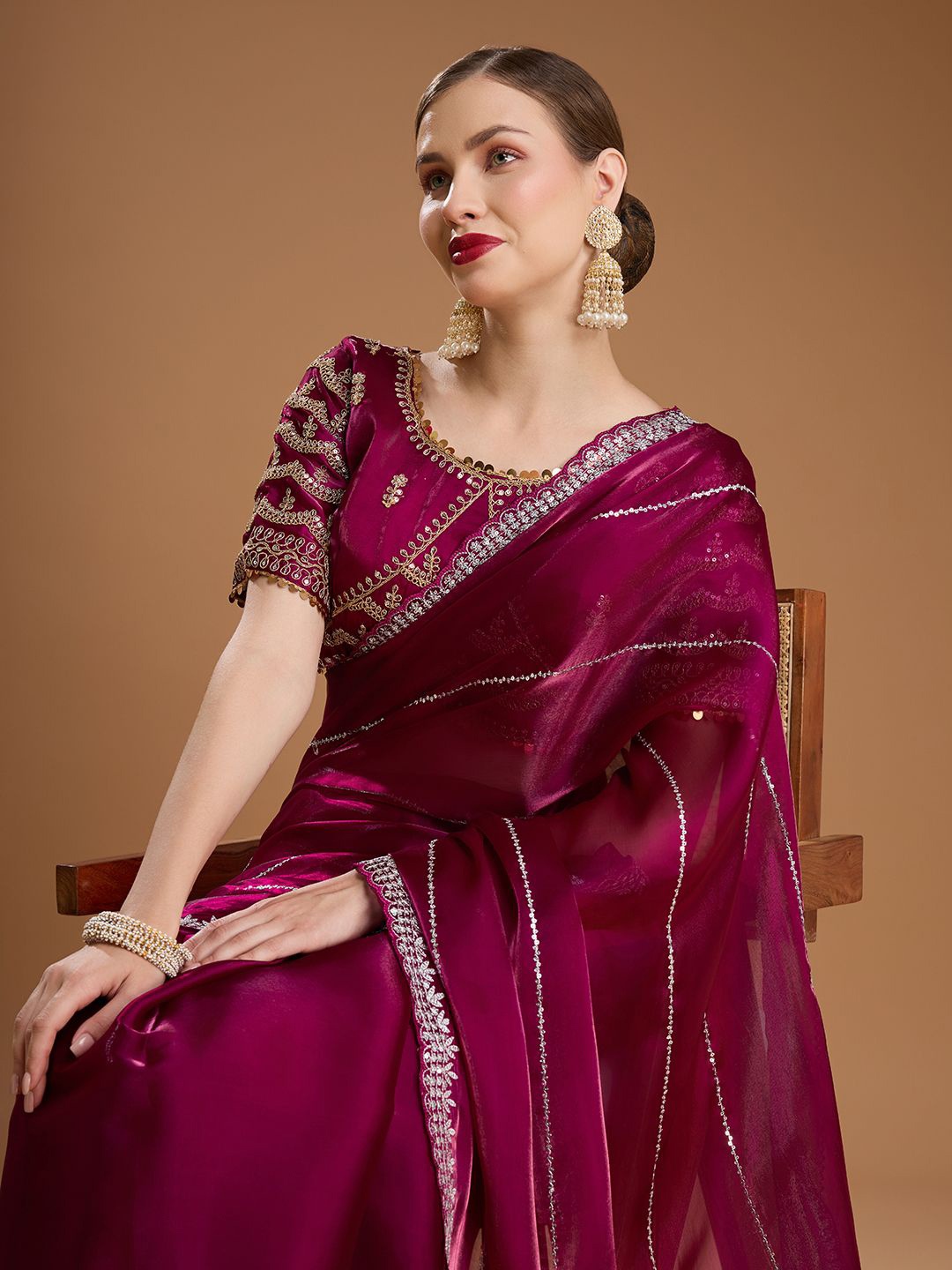 House of Pataudi Embellished Embroidered Satin Border Saree with Stitched blouse, Burgundy
House of Pataudi Embellished Embroidered Satin Border Saree with Stitched blouse, Burgundy