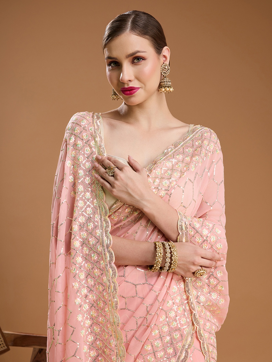 House of Pataudi Embellished Sequinned Pure Georgette Border Saree with Unstiched Blouse, Pink
House of Pataudi Embellished Sequinned Pure Georgette Border Saree with Unstiched Blouse, Pink