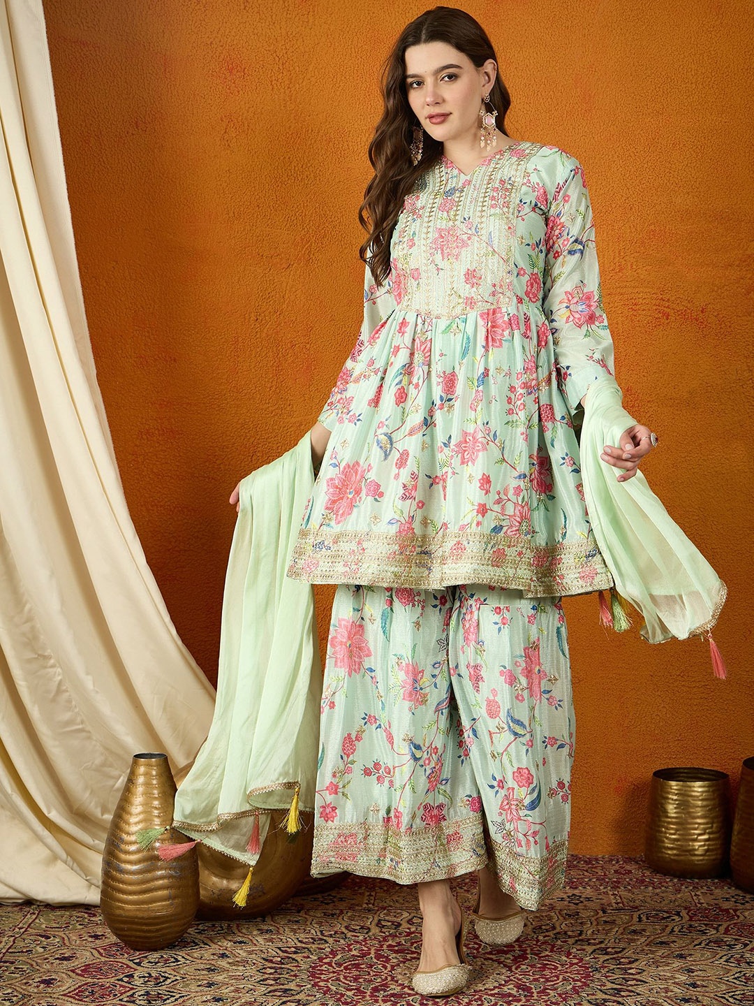 Miss Ethnik Floral Printed Sequinned Embroidered Anarkali Kurta With Sharara And Dupatta, Sea green
Miss Ethnik Floral Printed Sequinned Embroidered Anarkali Kurta With Sharara And Dupatta, Sea green