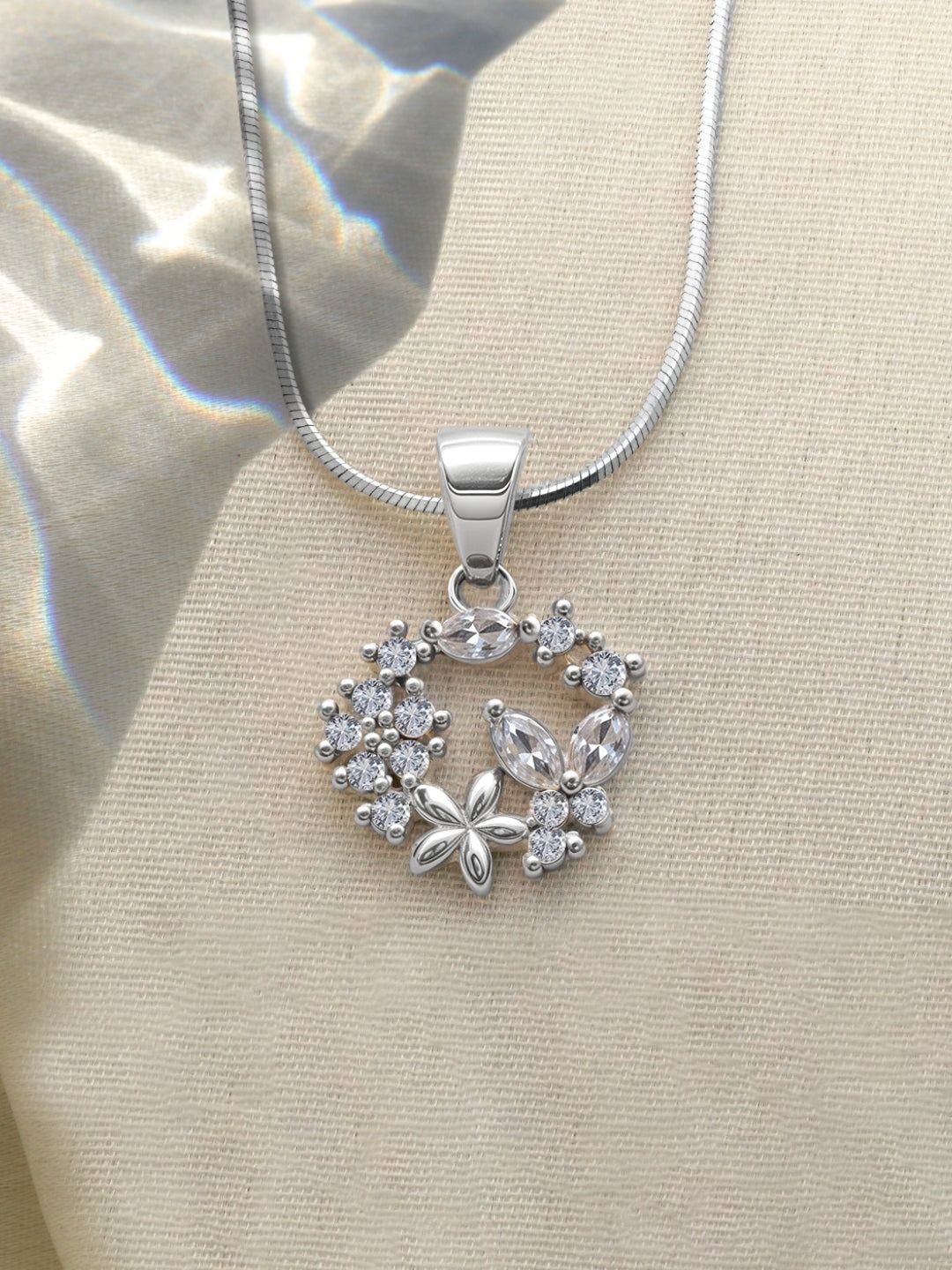 HighSpark 925 Silver CZ Studded Butterfly Flower Wreath Solitaire Pendant With Chain
HighSpark 925 Silver CZ Studded Butterfly Flower Wreath Solitaire Pendant With Chain