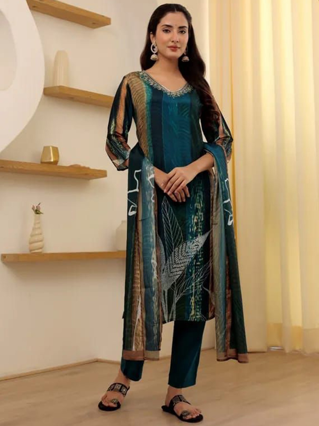 KALINI Striped Printed Thread work V Neck Straight Kurta With Trousers And Dupatta, Navy blue
KALINI Striped Printed Thread work V Neck Straight Kurta With Trousers And Dupatta, Navy blue