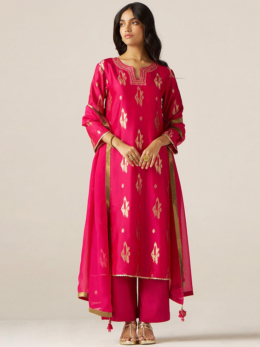 Ganga Woven Design Notch Neck Zari Raw Silk Straight Kurta With Palazzos & Dupatta, Pink
Ganga Woven Design Notch Neck Zari Raw Silk Straight Kurta With Palazzos & Dupatta, Pink
