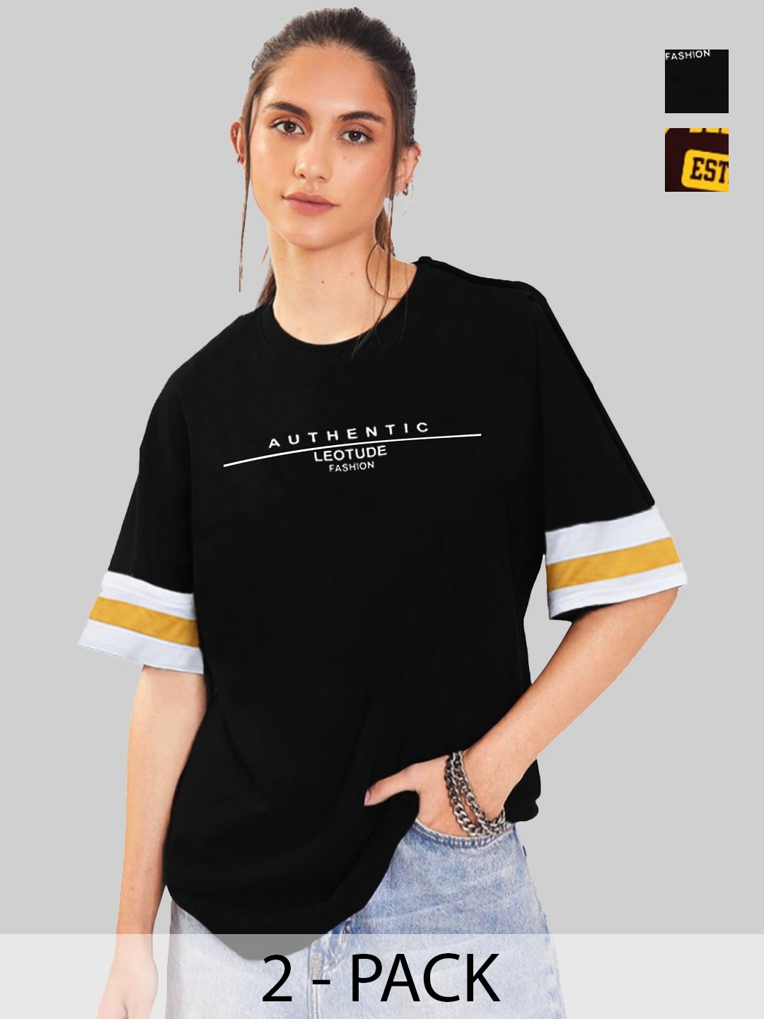 Leotude Women Pack Of 2 Typography Printed Round Neck Cotton Oversized T-shirts, Black
Leotude Women Pack Of 2 Typography Printed Round Neck Cotton Oversized T-shirts, Black