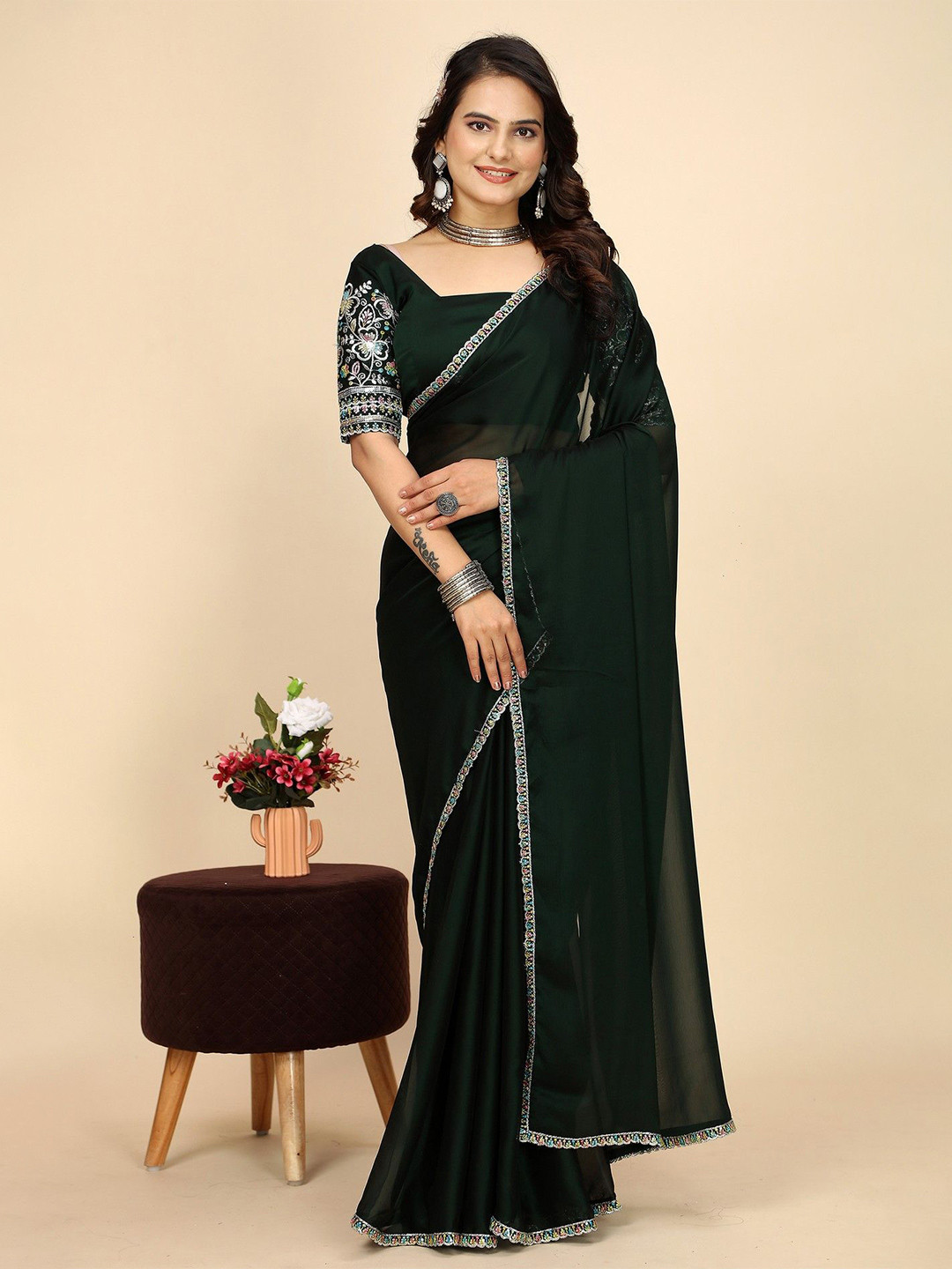 K 5 Fashion Embroidered Pure Chiffon Saree, Green 
K 5 Fashion Embroidered Pure Chiffon Saree, Green